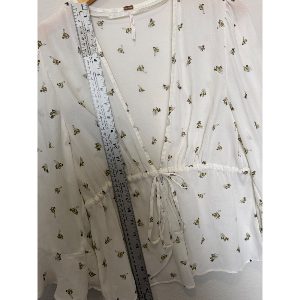 Free People Bee Print Tie Front Blouse Boho Bell Sleeve Sheer Top White S - Picture 14 of 16